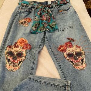 Vibrant Skull Embroidered Blue Jeans with Colorful Belt